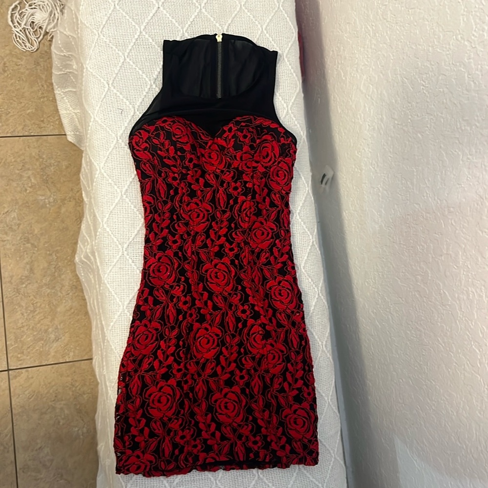 Elegant Red and Black Lace Dress